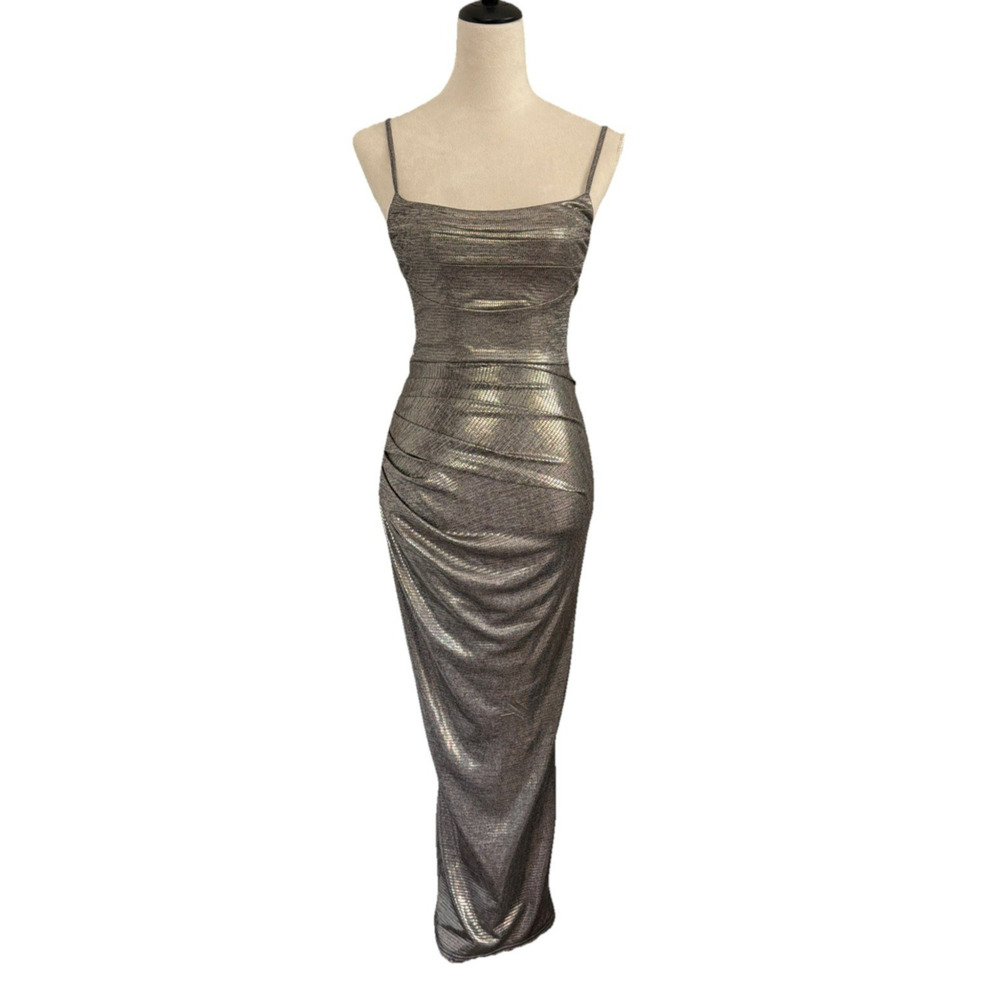 JLUX Label Ruched Dress Womens Small Metallic Gold Bodycon Spaghetti Strap Glam